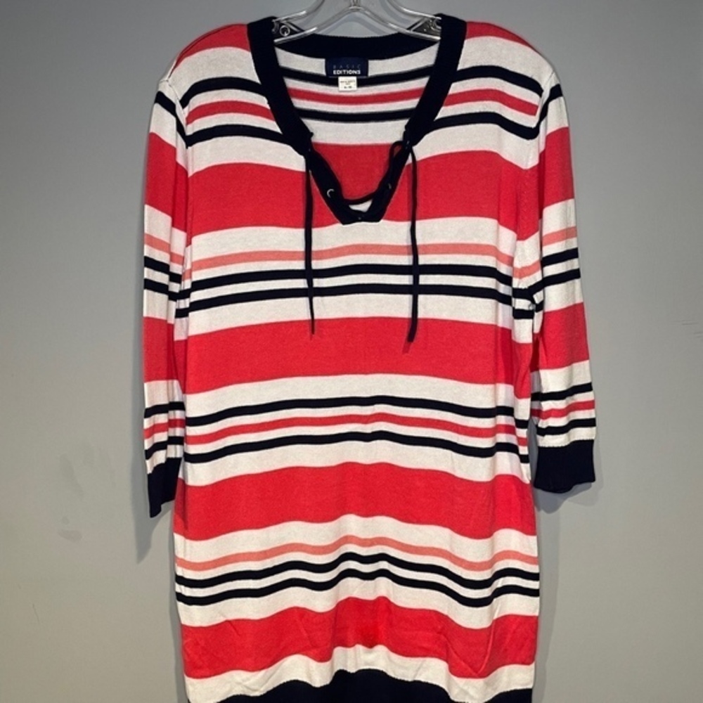 WOMEN'S BASIC EDITIONS LACE UP STRIPED SWEATER WHITE NAVY CORAL SIZE XL